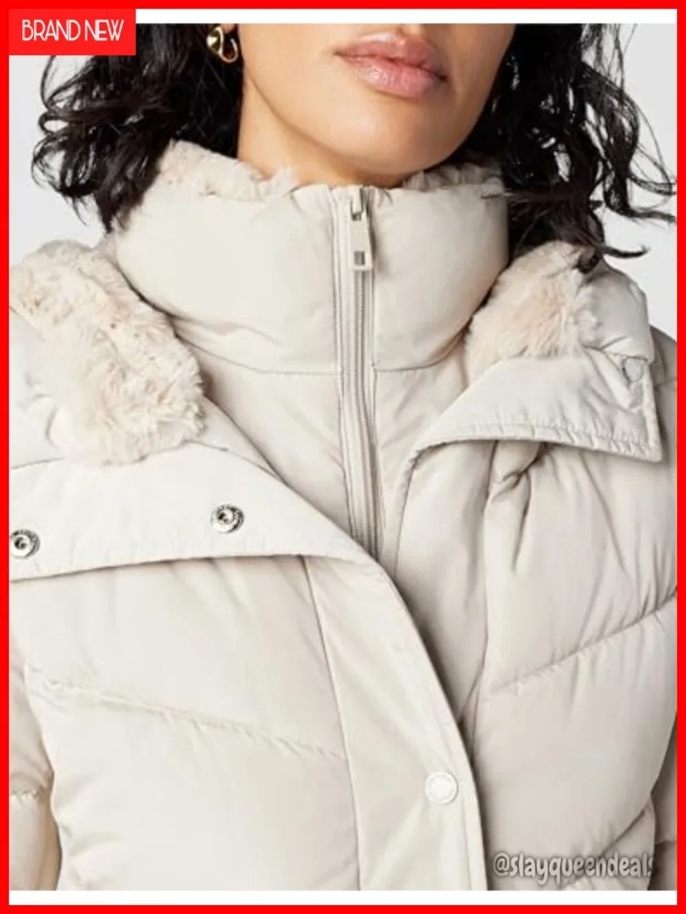 Long Quilted Jacket With Faux Sherpa Lined Hood and Inset Bib